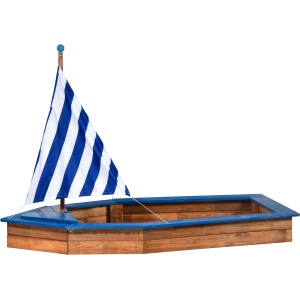 Dunkelbrauner Sandkasten im Schiff-Design mit blau-weißem Segel. Ideal für Kinder zum Spielen im Garten.