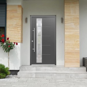 Moderne, anthrazitfarbene Sicherheits-Haustür mit Glaseinsatz, ThermoSpace Prime Paris RC2, 110x210 cm.
