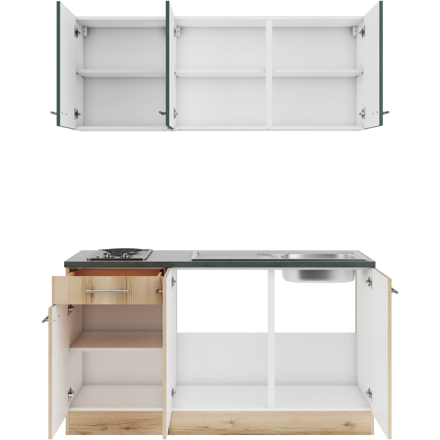 OPTIFIT Savona405/Livorno290 Miniküche 150 cm Steingrün / Wildeiche Nachbil günstig online kaufen