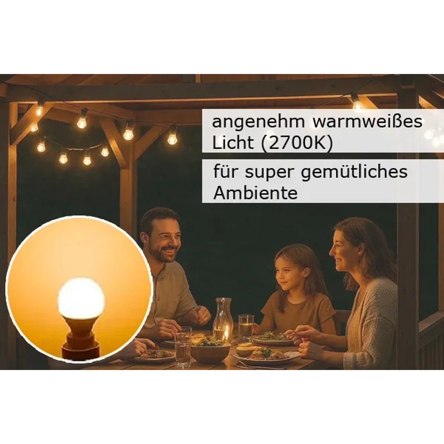 Satisfire Partylichterkette mit warmweißen LED Kugellampen für Biergarten & Garten.