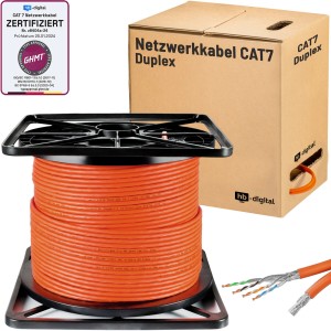 Orangefarbenes CAT 7 Duplex Netzwerkkabel (100m) auf Spule mit Verpackungskarton.