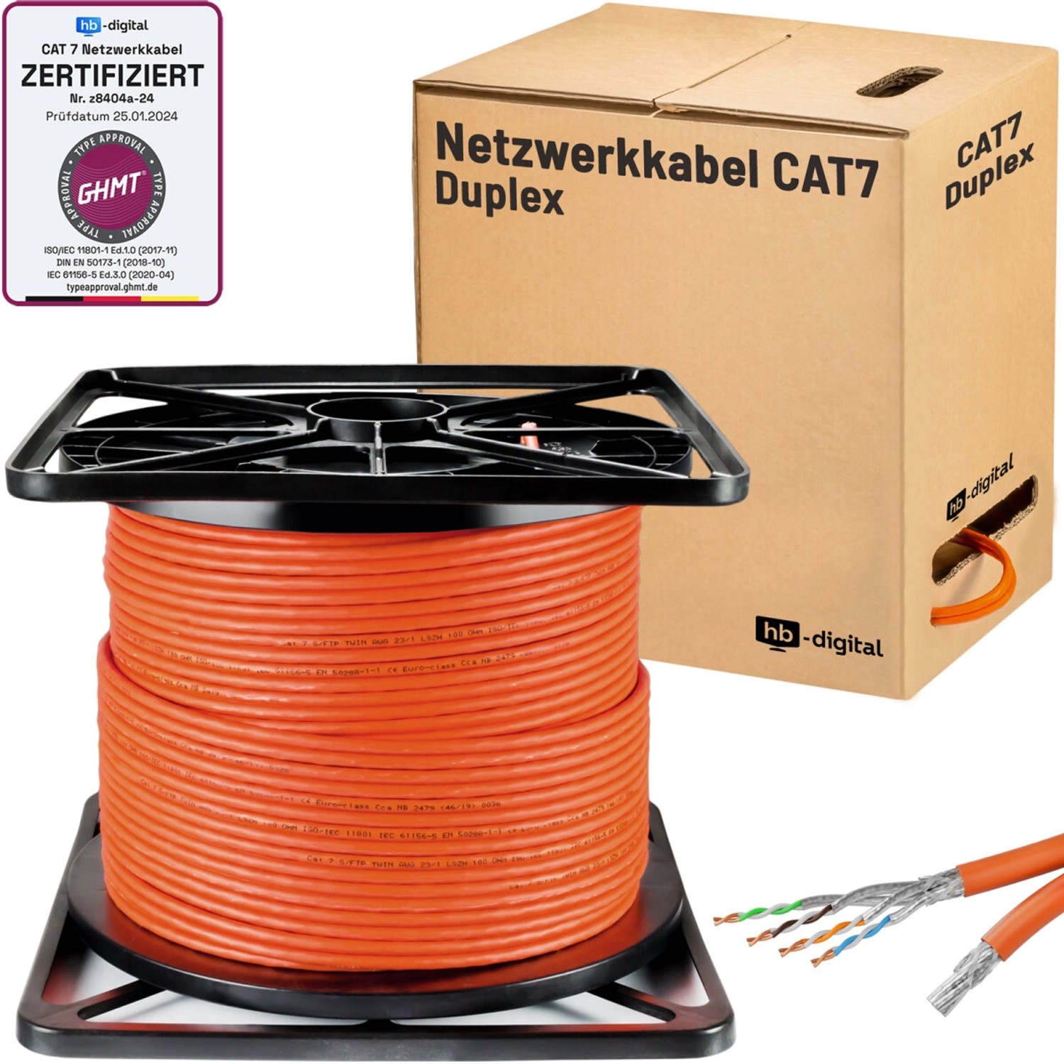 Thumbnail - hb-digital CAT 7 Kabel Duplex Ethernetkabel LSZH max. 1000 MHz S/FTP AWG23 100m orange