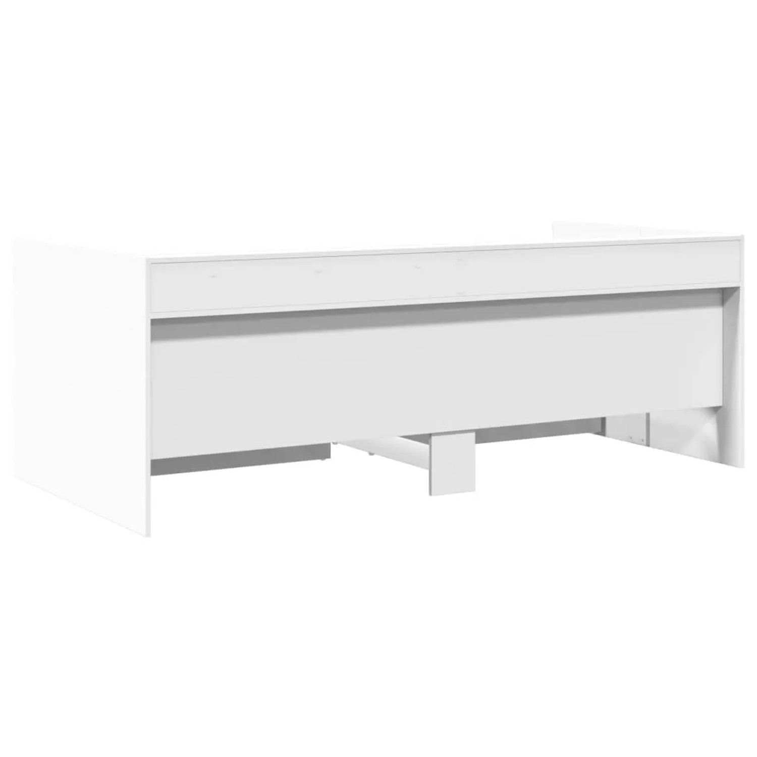 Weißes Tagesbett aus Holzwerkstoff mit zwei integrierten Schubladen. Ideal als Sofa oder Bett mit Stauraum.