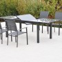 Merxx Milano Gartenmöbel-Set mit Ausziehtisch und 4 Stapelsesseln, graphitfarbenes Gestell, graue Textilbespannung.