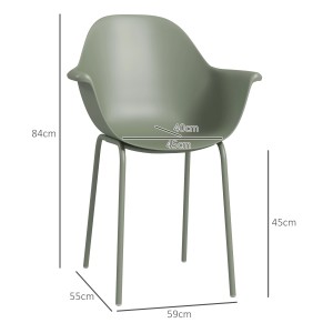 Outsunny Gartenstuhl im 4er Set, olivgrün, mit Armlehne und Rückenlehne, Maße sind eingezeichnet.