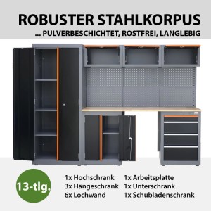 TRUTZHOLM Werkstattwand, 13-teilig, aus Stahl in Grau/Orange mit Werkbank und Lochwand.
