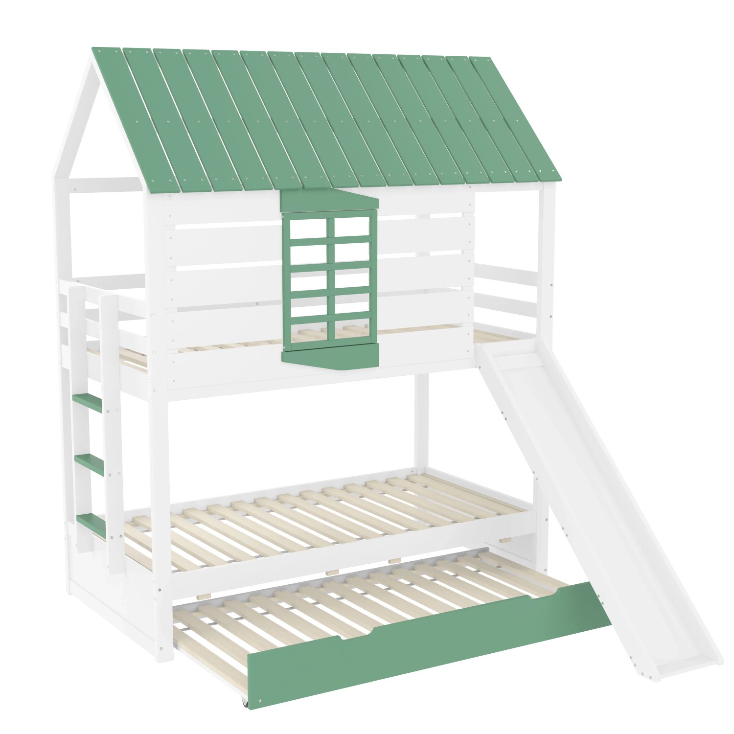 KOMHTOM Haus-Etagenbett 90x200Cm Mit Rutsche Und Ausziehbett Kiefer+Mdf Weiß+Grün Ohne Matratze