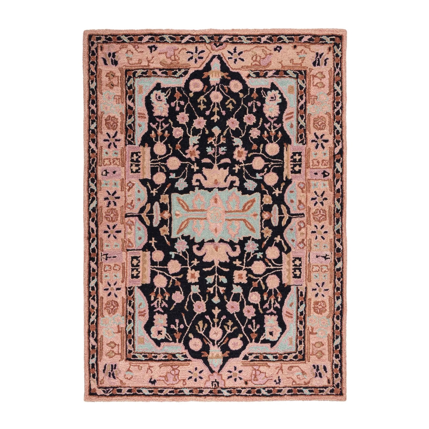 Flair Rugs Wollteppich Blossom 160 cm x 230 cm Schwarz-Rosa