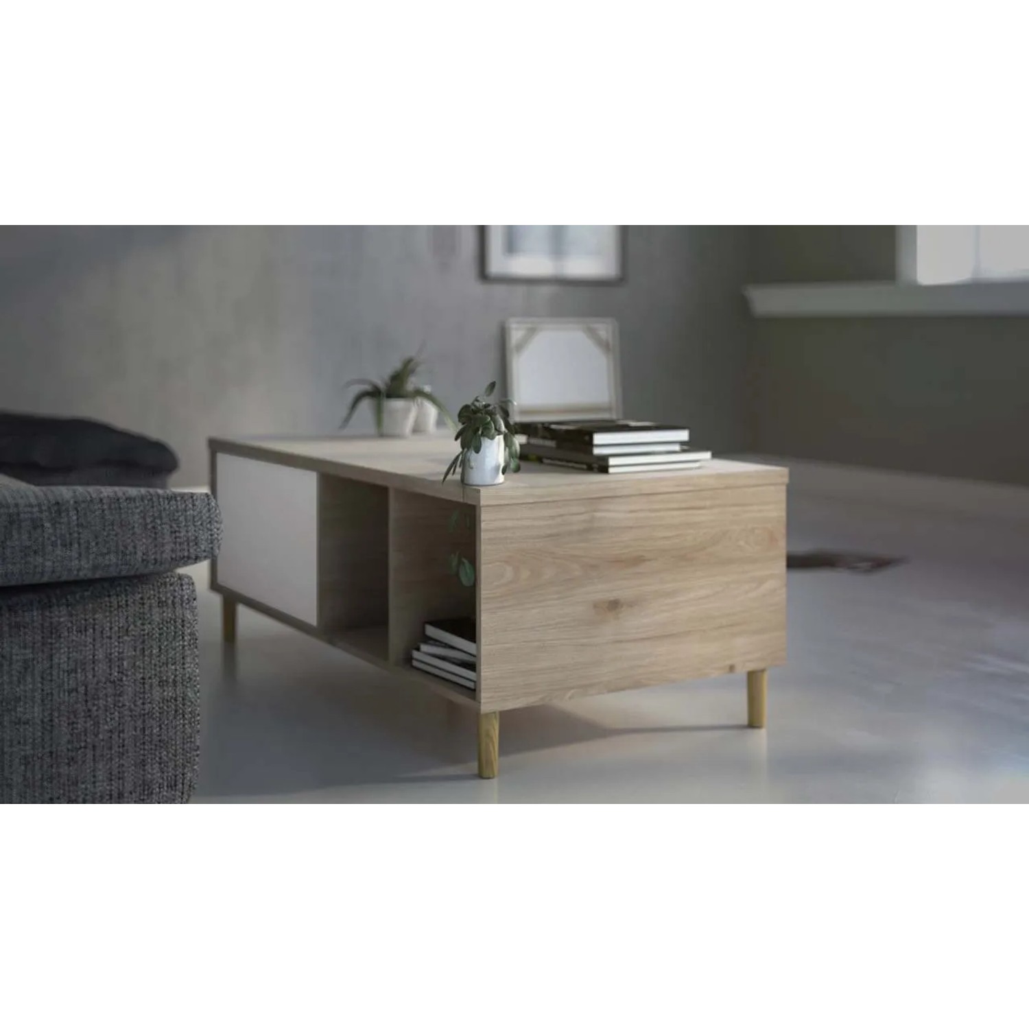 Penny Couchtisch mit Ausziehplatte, Hickory Dekor und Weiß, mit Fächern für Wohnzimmer.