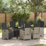 7-teilige, hellgraue vidaXL Garten Essgruppe aus Poly Rattan mit Tisch und Stühlen.