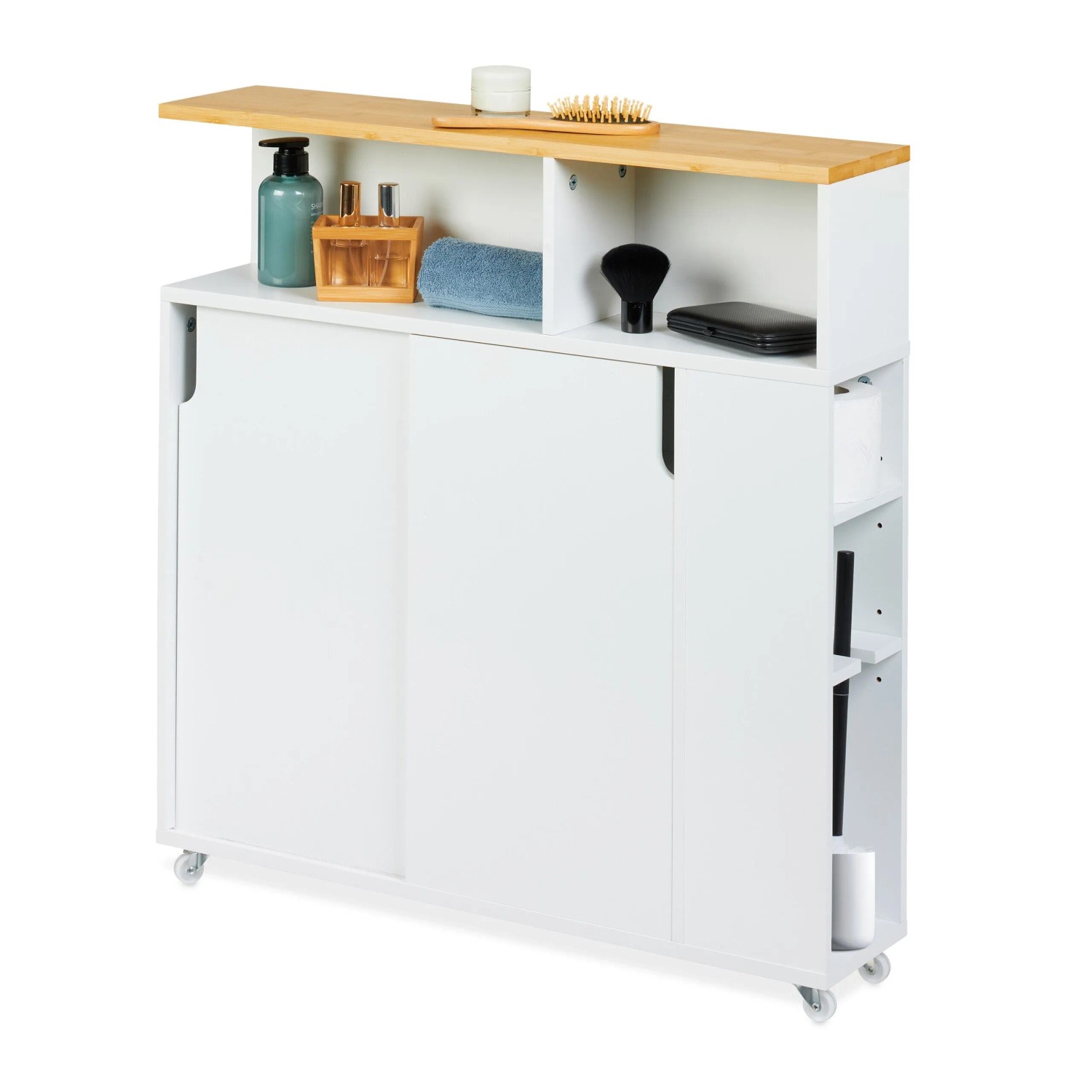 Relaxdays Nischenschrank MDF Bambus Weiß Rollbar 79 cm x 17 cm x 75 cm 14 kg