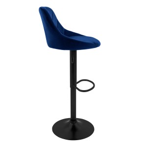 Blauer ML-Design Barhocker aus Samt mit Rückenlehne und Fußstütze.