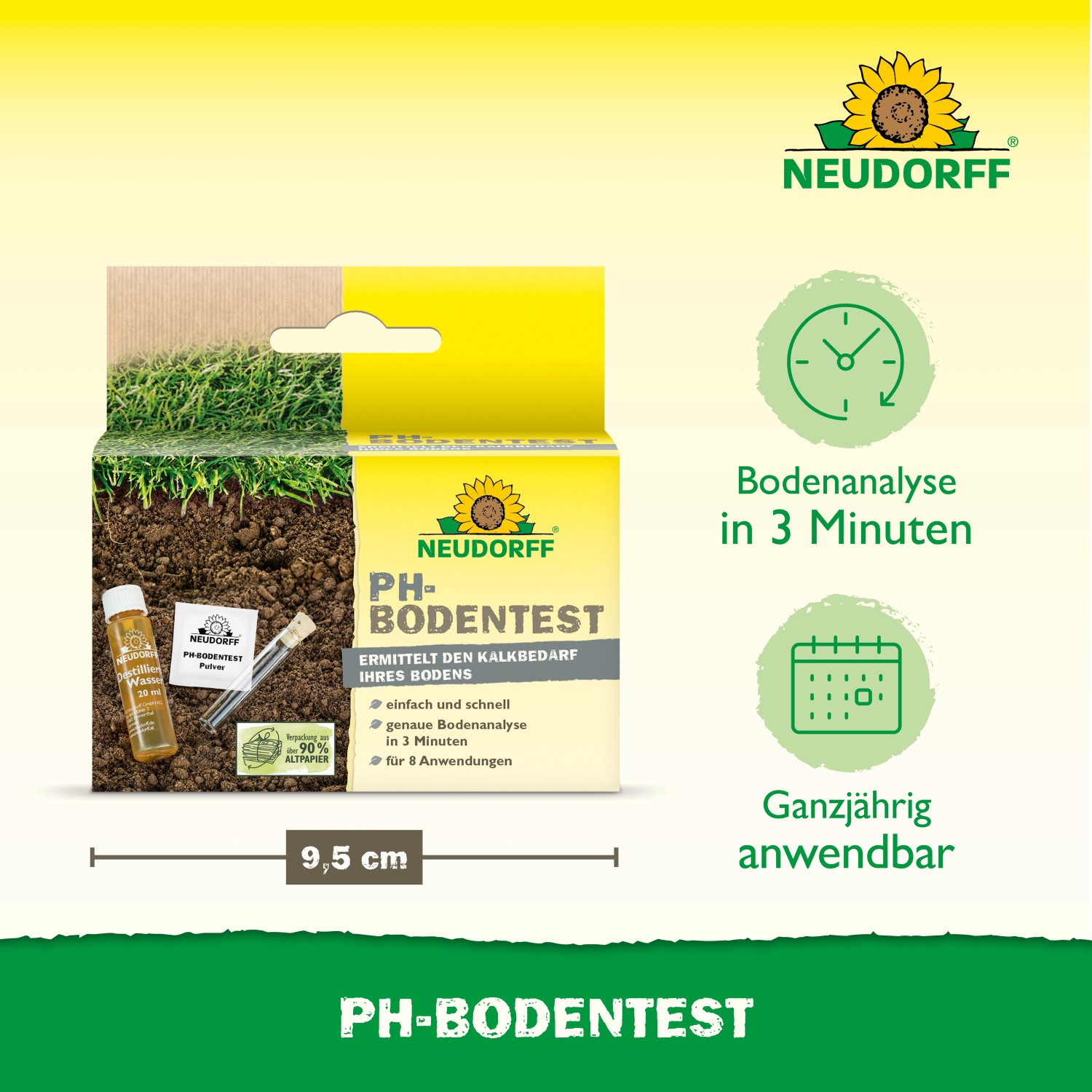 Neudorff PH-Bodentest-Set zur Kalkbedarfsermittlung mit Testflüssigkeit, Pulver und Messwerkzeug.