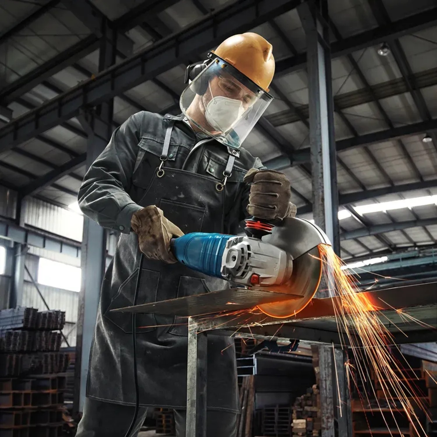 Bosch Professional Akku-Tischkreissäge GTS 18V-216 im Einsatz beim Schneiden von Metall.