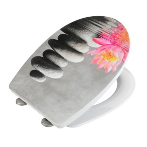 Wenko WC-Sitz Water Lily mit Absenkautomatik, Motiv Seerose und Steine auf grauem Grund.
