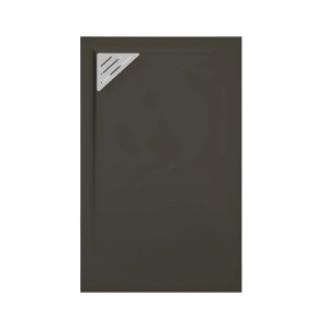 Schwarze, rechteckige Mirlo Mineralguss Duschwanne 70x90 cm mit Chrom Ablaufschutz.