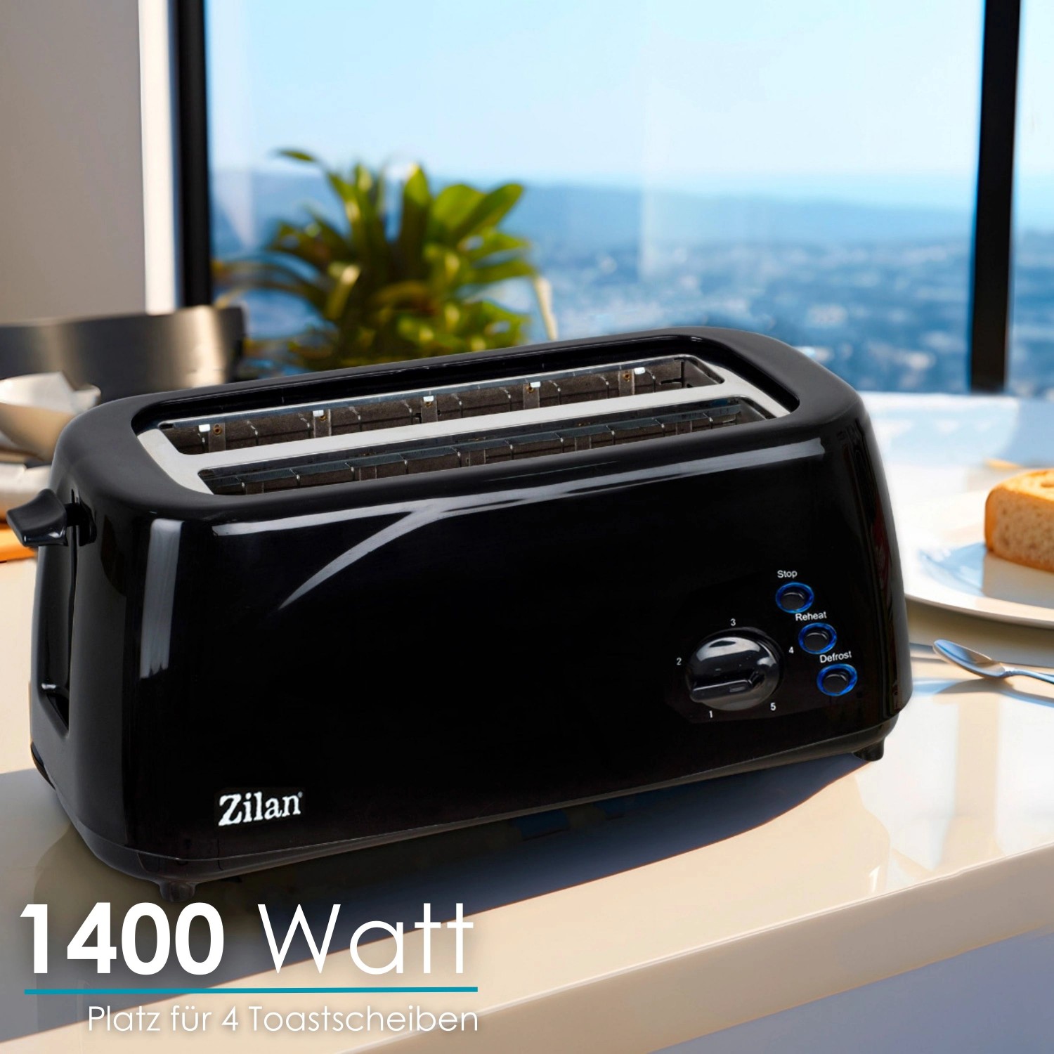 Zilan Langschlitztoaster ZLN-2713, 1400 Watt, schwarz, für bis zu 4 Toastscheiben, mit Brötchenaufsatz.