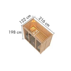 Karibu Sauna Sky 2 mit Ofen, naturbelassen, Maße: 198x216x122cm, Innenansicht mit Bänken.