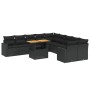 Schwarze 11-tlg. vidaXL Garten-Sofagarnitur aus Poly Rattan mit Tisch und Kissen.