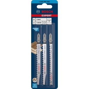Bosch Expert Stichsägeblatt Set für Holz, 3-teilig: 2x T308B, 1x T308BO für saubere Schnitte.