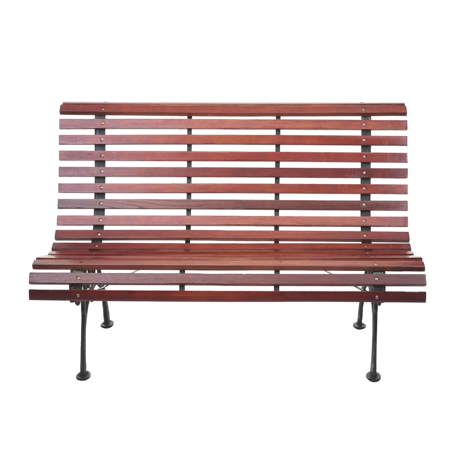 MCW Gartenbank F97, 2-Sitzer, braun, mit hoher Rückenlehne und Gusseisengestell.