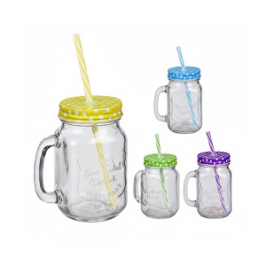 Relaxdays Trinkgläser 4er Set Glas Transparent mit Deckel und Strohhalm 13,5 cm x 11 cm x 8 cm