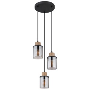 Globo Hängeleuchte Reid, 3-flammig, schwarz/holzfarben, Pendelleuchte mit Glas-Schirmen.