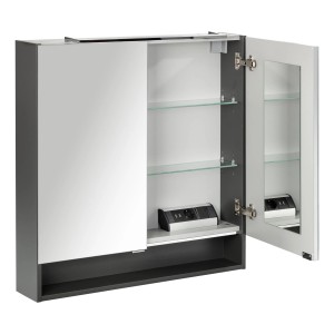 Fackelmann Spiegelschrank Luna, anthrazit, 80 cm breit, mit geöffneten Softclose-Türen und Innenleben.