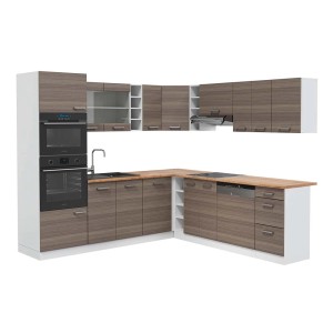 Vicco R-Line Eckküche in Edelgrau/Weiß mit Eiche Arbeitsplatte, 237x247 cm.