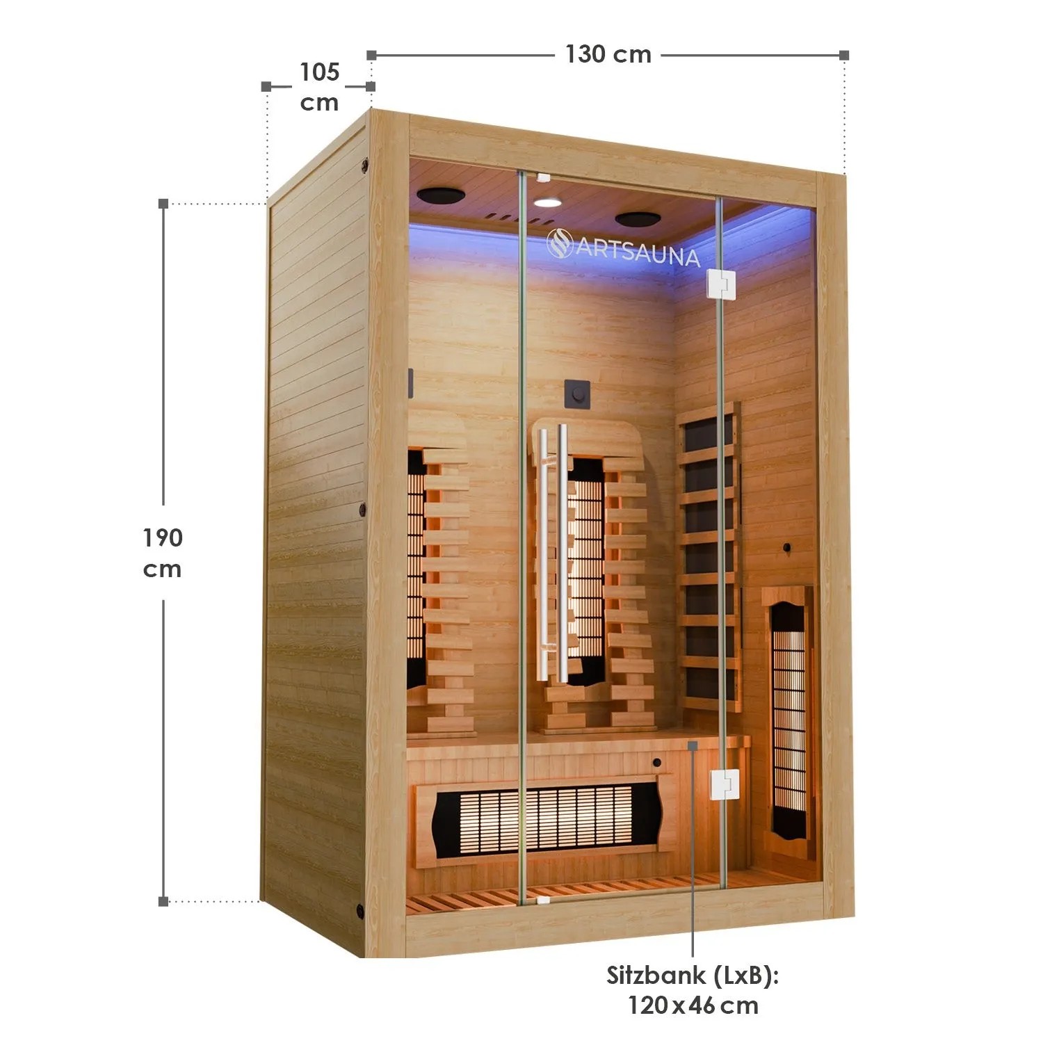 Artsauna Infrarotkabine Kiruna130 Premium aus Hemlockholz mit Glastür und Dual Technologie.
