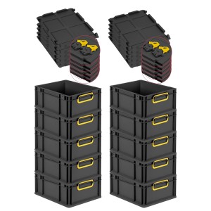 PROREGAL SuperSparSet 10x Eurobox Nextgen Color Mit Scharnierdeckel HxBxT 17x30x40cm 16 Liter Schwarz Griffe Gelb Geschlossen Eurobehälter