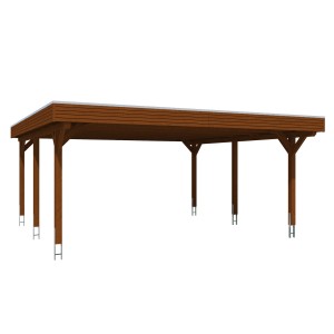 Skan Holz Carport Spessart, 611x604 cm, Nussbaum, Flachdach, Leimholz mit Aluminium-Dachplatten.