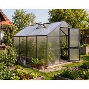 Anthrazit-graues KGT Gewächshaus 12,74 m² im Garten, mit Dachfenster und offener Tür. Ideal für Pflanzenzucht.