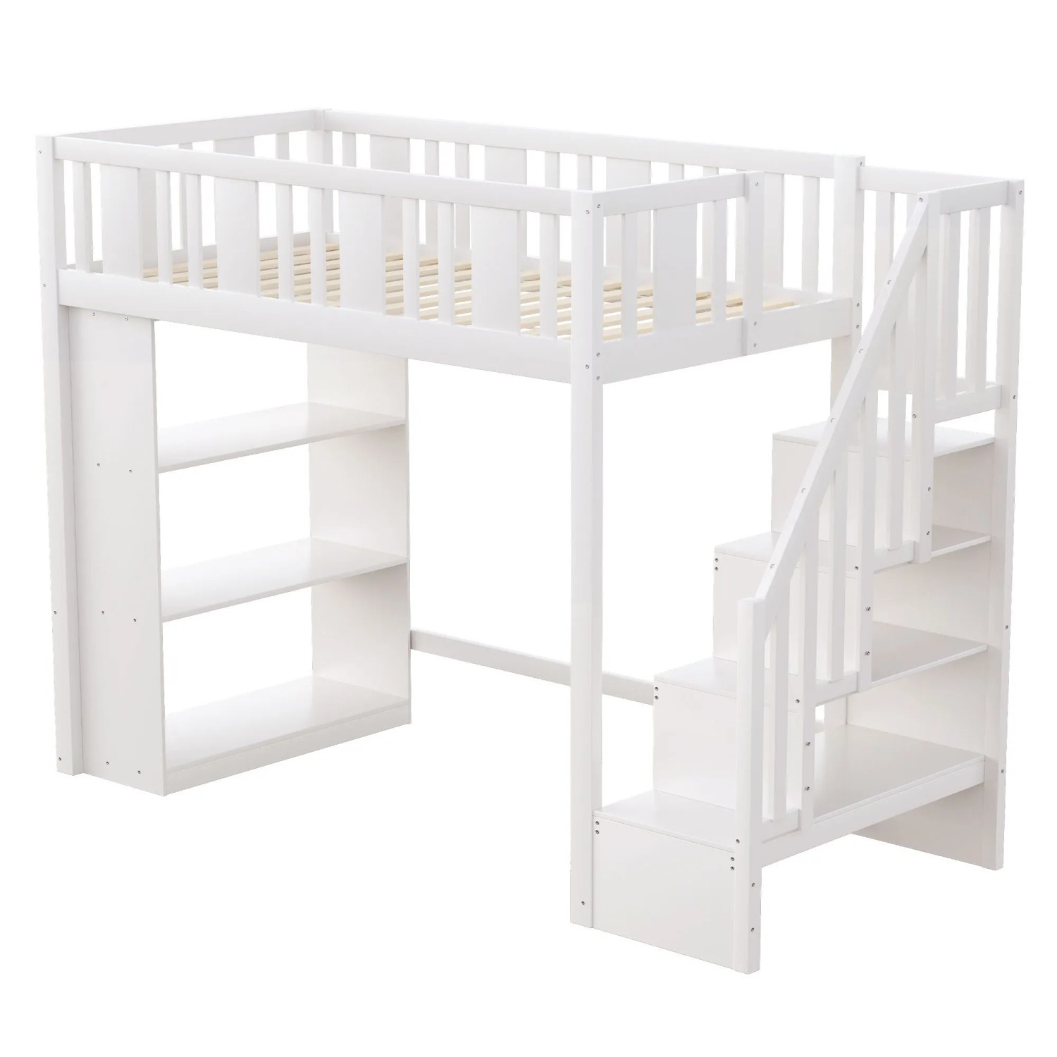 okwish Hochbett 90x200cm mit Stauraumtreppe Kinderzimmer Weiß ohne Matratze