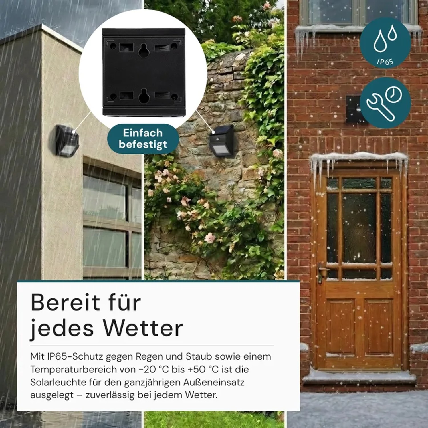 Schwarze LUXULA Solar Wandleuchte an Hauswand, wetterfest und einfach zu befestigen.