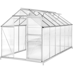 Transparentes Tectake Gewächshaus mit Alu-Rahmen, Fundament, Schiebetür und Dachfenstern, 375x185x195 cm.