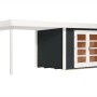 Weka Holz-Gartenhaus mit Flachdach, lasiert, 590x314 cm, mit Anbau und Doppeltür.