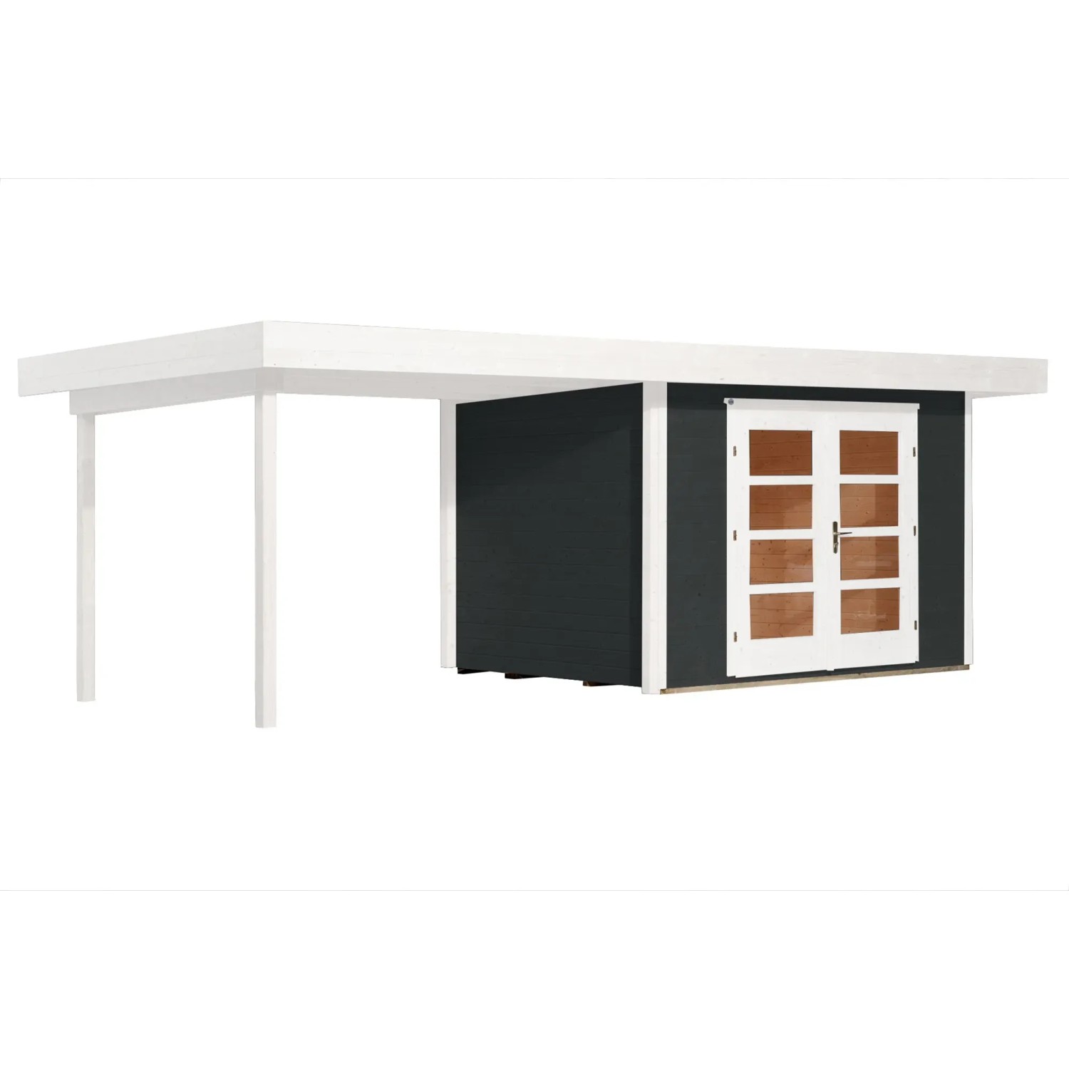 Weka Holz-Gartenhaus mit Flachdach, lasiert, 590x314 cm, mit Anbau und Doppeltür.
