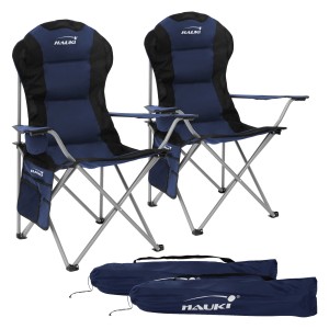 Hauki Campingstuhl 2er Set, faltbar, blau, mit Getränkehalter und Tragetaschen.