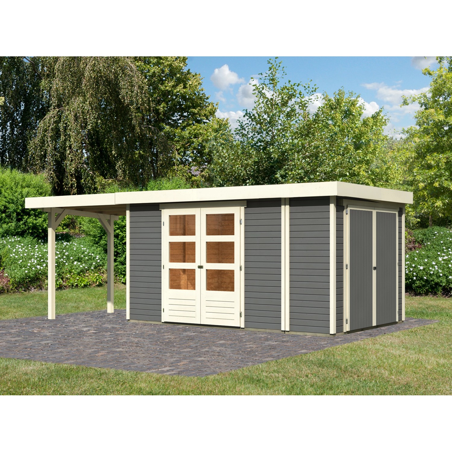 Karibu Gartenhaus Set Retola 6 Terragrau mit Anbauschrank 240 cm Breit 9,03 m²