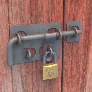 Basi Vorhangschloss 50mm Messing an Riegel montiert. Gleichschließend mit 2 Schlüsseln für Türen & Tore.