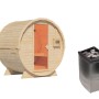 Karibu Fass-Sauna Set mit 9 kW Ofen, naturbelassen. Gartensauna aus Holz mit Ofen.