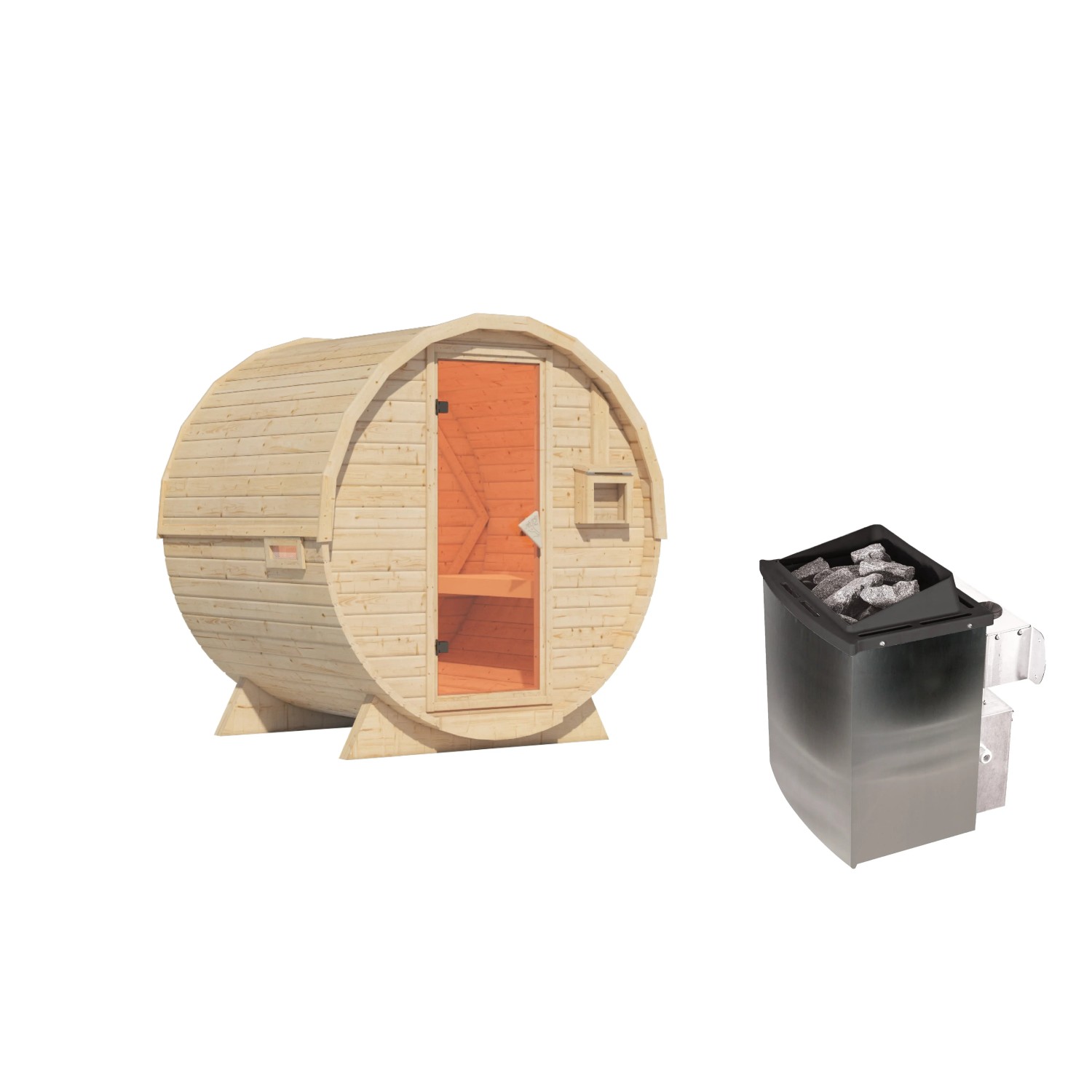 Karibu Fass-Sauna Set mit 9 kW Ofen, naturbelassen. Gartensauna aus Holz mit Ofen.