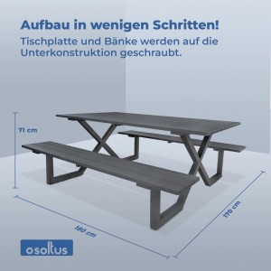 Anthrazitfarbener osoltus Alu Picknick Gartentisch Naples mit zwei Bänken, 180x170x71cm. Robustes Aluminium-Möbel.