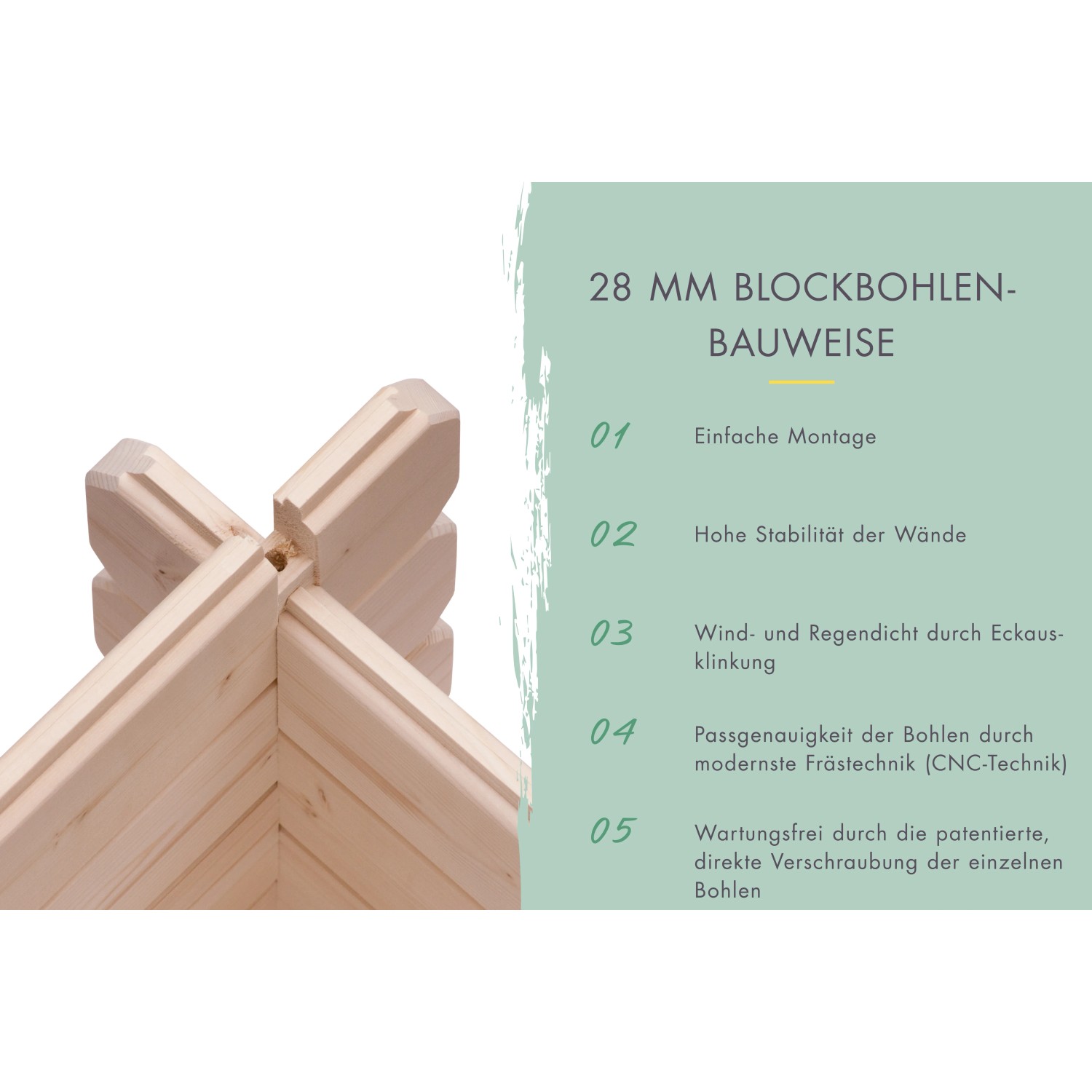 Detailaufnahme der Eckverbindung des Karibu Gartenhaus Dortmund Solo aus Holzbohlen.