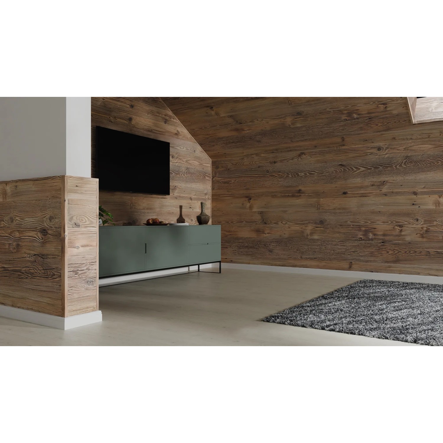 Raum mit Egger Faltleiste Decowall FL001 Namur in Fichte Natur als Wandverkleidung.