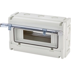 Aufputz Kleinverteiler mit transparenter Tür, 12 TE, 17x28x10,6 cm, geeignet für Innen- und Außenbereich.