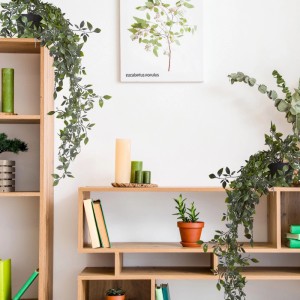 Zwei grüne Kunsthängepflanzen im schwarzen Topf auf Holzregalen. Realistische Efeututen-Optik für stilvolle Deko.