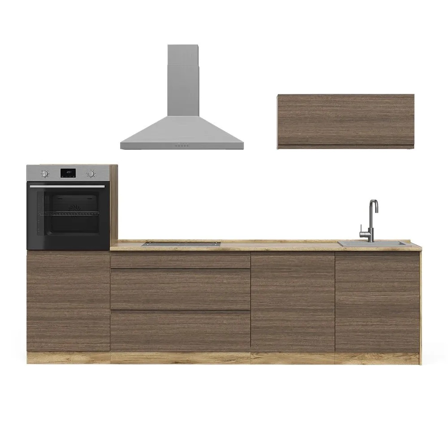 Vicco Küchenzeile R-Line Tabak-Walnuss/Goldkraft Eiche 280 x 143 Arbeitsplatte Satin Art Nr 70610