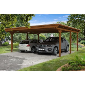 Skan Holz Carport Emsland Nussbaum, Doppelcarport mit zwei parkenden Autos.